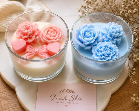 Duas velas artesanais em potes de vidro, uma rosa e outra azul, decoradas com flores e laço, ao lado do cartão da Fresh Skin